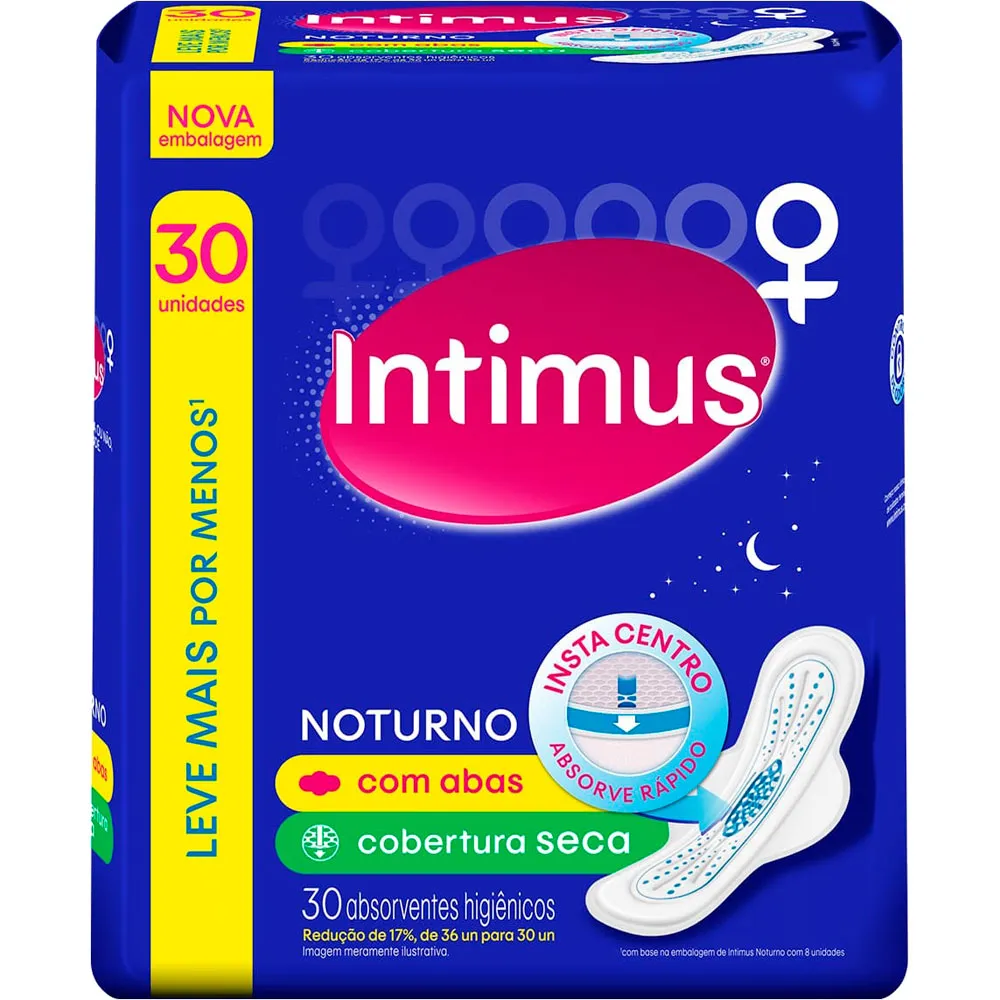 ABSORVENTE INTIMUS NOTURNO SECA COM ABAS C/30 UNIDADES